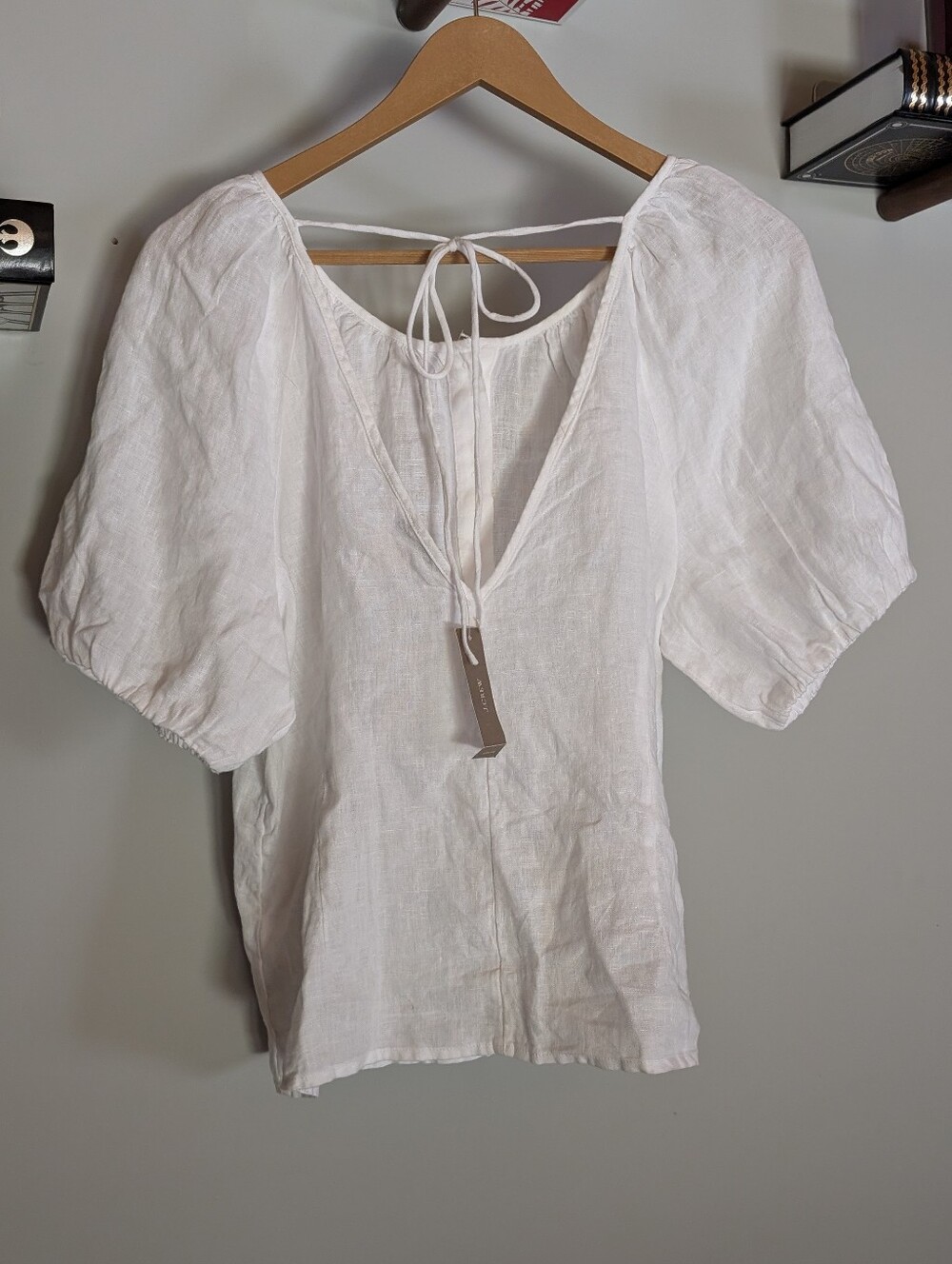 J Crew NWT 100% Linen Button Down Puff Sleeve Tie Back Top - Size 12 - Picture 3 of 7